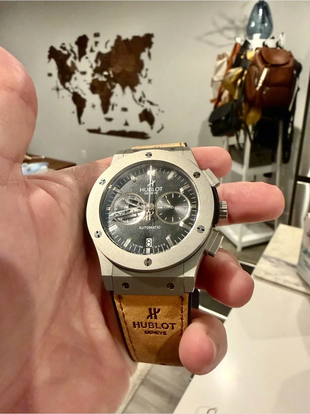 Hublot Men's Watch in Black with Tan Strap Accent w box